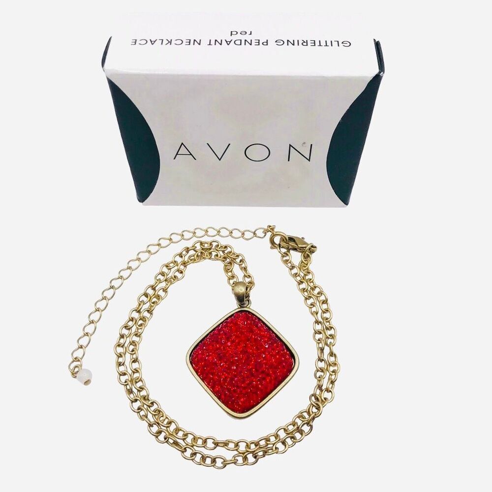 Retro Avon Brass Chain Red Glitter Pendant Necklace